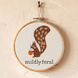 May include: A cross-stitch embroidery hoop featuring a brown squirrel holding an orange nut. The squirrel has a large, patterned tail. The text "mildly feral" is stitched below the squirrel. The hoop is made of wood and is hanging from a wall.