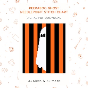 Puede incluir: Un gráfico de punto de aguja digital titulado PEEKABOO GHOST NEEDLEPOINT STITCH CHART DIGITAL PDF DOWNLOAD. El diseño muestra un fantasma blanco pixelado detrás de rayas verticales naranjas y negras. Incluye el texto 13 Mesh & 18 Mesh.