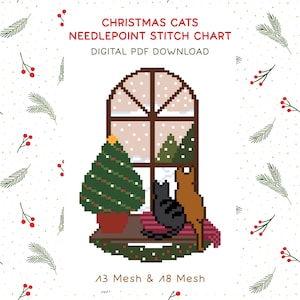 Może przedstawiać: Wzór do haftu igłowego zatytułowany CHRISTMAS CATS NEEDLEPOINT STITCH CHART DIGITAL PDF DOWNLOAD. Projekt przedstawia pikselowe okno z choinką, czarnym kotem i pomarańczowym kotem siedzącymi na parapecie. Tekst głosi 13 Mesh & 18 Mesh.