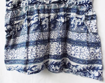 Vintage Boho Hippie Short Skirt Indian Blue White Floral Print Cotton Pocket