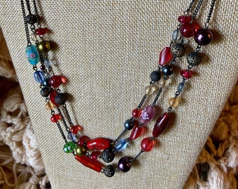 Vintage 90’s Glass Lampwork Three 3 Strand Boho Necklace Bead and Chain Vintage Bohemian Adjustable Length