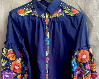 Vintage Blue Floral Embroidery Top Shirt Blouse Embroidered Flowers Balloon Sleeves Colorful Ethnic Ukrainian Design