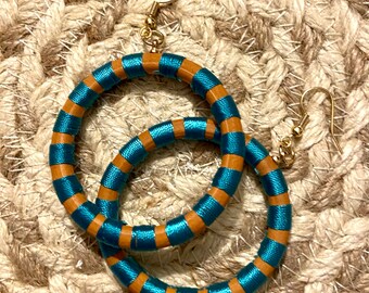 Wood and Teal Wrapped Earrings Round Hoops