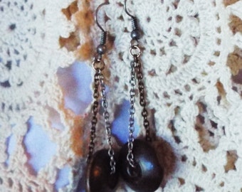 Dark Wood Earrings Wooden Disk Silver Copper Gold Chain