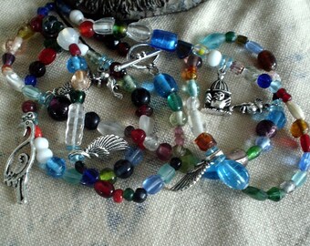 RICHARME Bird Charms & Recycled Glass Long Bead Necklace Colorful Layering Strand