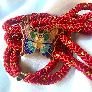 vintage Butterfly Belt Cloisonne Papillons Boucle Réglable Taille Élastique Rouge Jaune Or Petite image 1