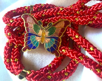 Vintage Schmetterling Gürtel Cloisonne Schmetterlinge Schnalle Verstellbar Elastische Taille Rot Gelb Gold Petite