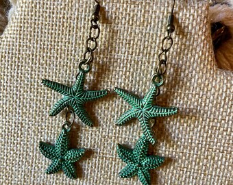 Double Starfish Earrings Molded Bronze with Verdigris Finish