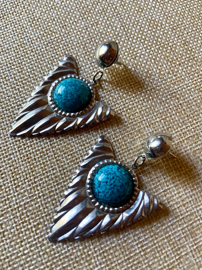 Vintage 80s Earrings Silver Triangle Dangles with Turquoise Cabochons Southwestern Big but Light Pierced image 2