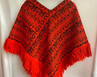 Vintage Hand Sewn Poncho in Black Orange Woven Guatemalan Fringed Textile with Birds Deer