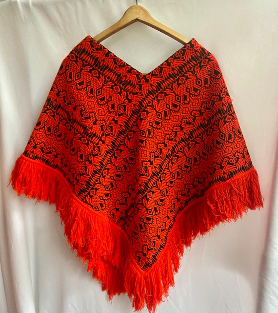 Vintage Hand Sewn Poncho in Black Orange Woven Gua