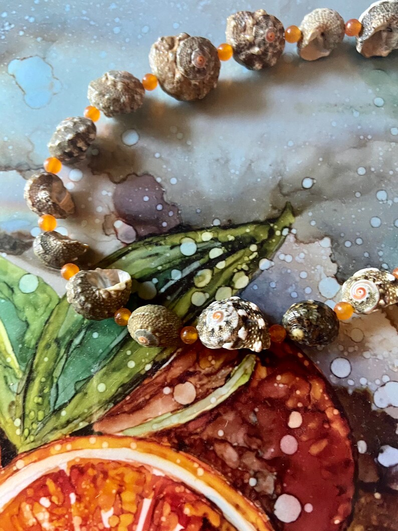 Beachy Natural Shell Necklace with Orange Jade Beads image 2