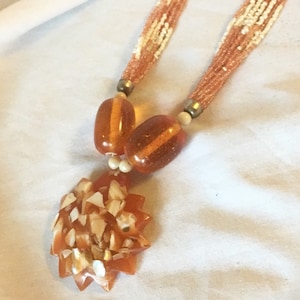 Vintage Orange and White Multi-Strand Bohemian Necklace with Shell Resin Pendant