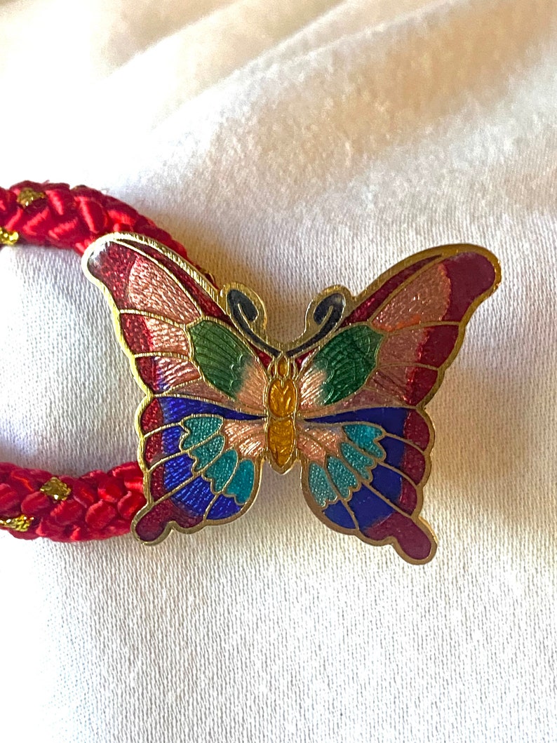 vintage Butterfly Belt Cloisonne Papillons Boucle Réglable Taille Élastique Rouge Jaune Or Petite image 2