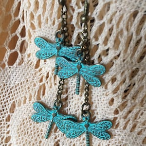 Double Dragonfly Earrings Art Nouveau Stamped with Verdigris Finish