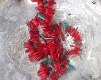 Boho Red Coral Branch Spokes and Turquoise Beads Thick Collar Statement Necklace