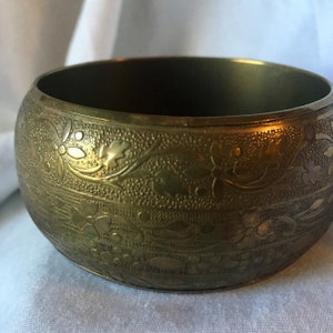 Embossed Brass Bangle Wide Bracelet Metal Floral Pattern