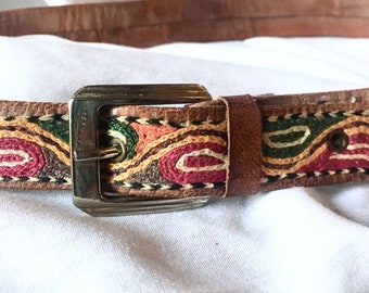 Vintage Textile Belt Leather with Embroidered Paisley Pattern