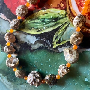 Beachy Natural Shell Necklace with Orange Jade Beads image 1