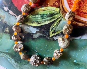 Beachy Natural Shell Necklace with Orange Jade Beads