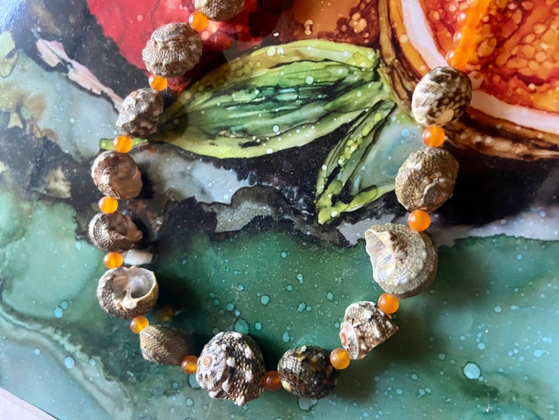 Beachy Natural Shell Necklace with Orange Jade Beads image 1