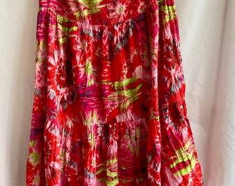 Vintage Boho Skirt Tiered Pink Red Flower Tie Dye Textile Esmeralda India Cotton Sz M