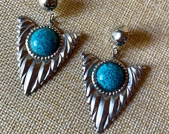 Vintage 80’s Earrings Silver Triangle Dangles with Turquoise Cabochons Southwestern Big but Light Pierced