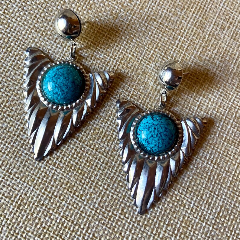 Vintage 80s Earrings Silver Triangle Dangles with Turquoise Cabochons Southwestern Big but Light Pierced image 1