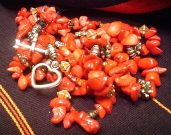 Red Coral Necklace Long with Heart and Arrow Toggle Clasp