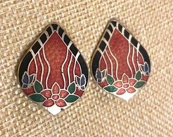 Vintage Cloisonne Earrings Clip Ons with Black Pink Enamel