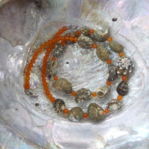 May include: A necklace made of orange beads and seashells. The necklace is displayed on a white, iridescent seashell.