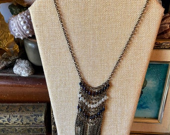 Vintage Beaded Fringe Necklace Long Bronze Chain with Glass Beads Iridescent Black Clear