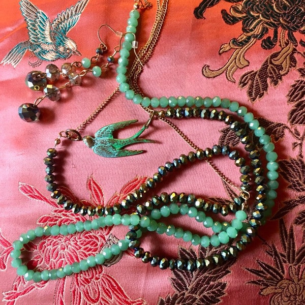 Sparrow Necklace Set Long Beaded Chain Double Strand Boho Earrings Pair