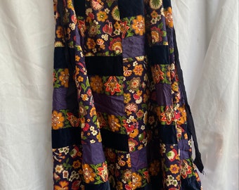 Vintage 70er Patchwork Wickelrock Young Traditions Long Maxi Boho Hippie Dunkelblau Floral Samt