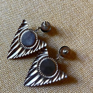 Vintage 80s Earrings Silver Triangle Dangles with Turquoise Cabochons Southwestern Big but Light Pierced image 3