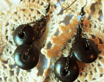 Dark Wood Earrings Double Wooden Disks Silver Copper Gold Chain