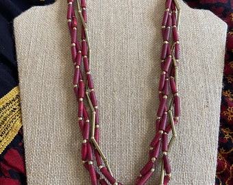 Vintage Dark Red and Bronze Multi-Strand Bohemian Indian Necklace New Old Stock