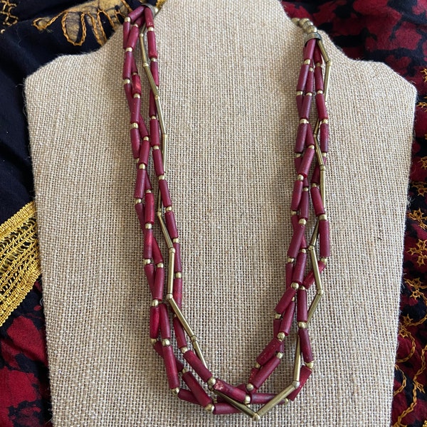 Vintage Dark Red and Bronze Multi-Strand Bohemian Indian Necklace New Old Stock