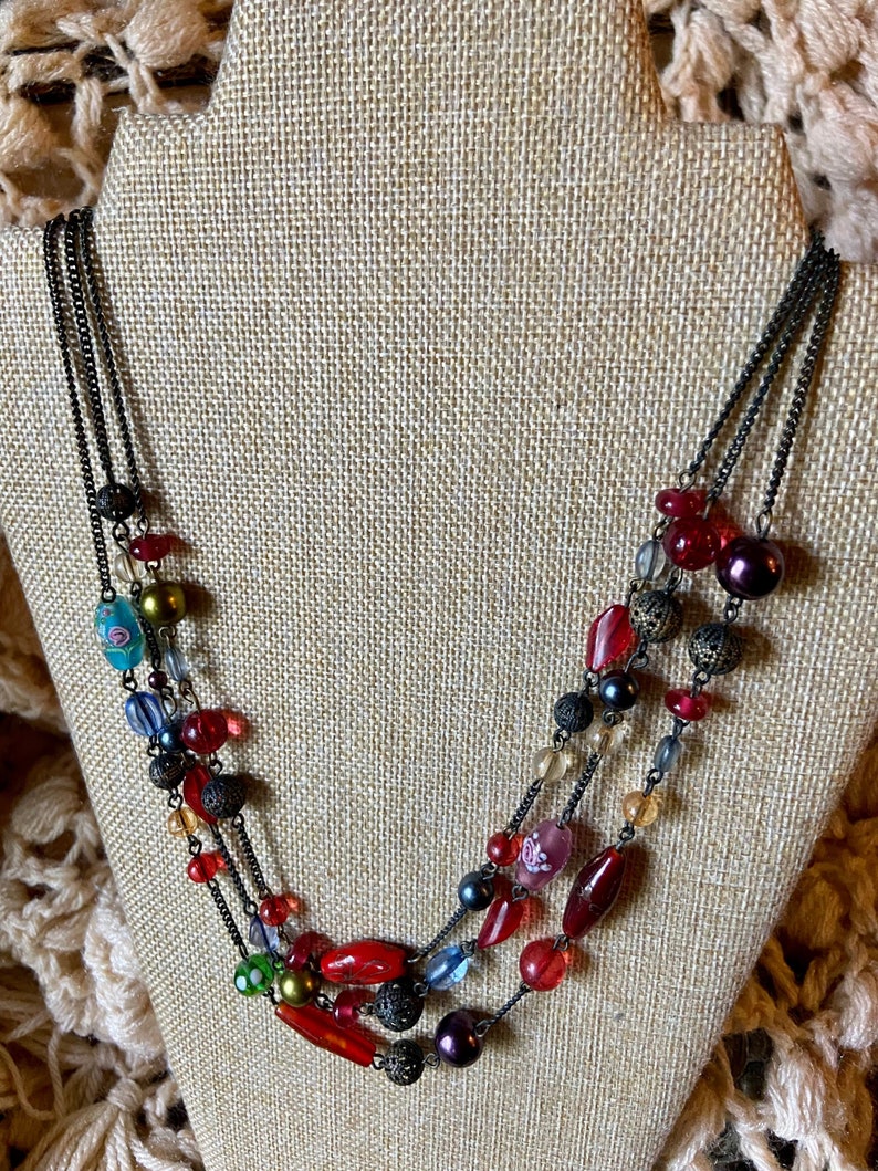 Vintage 90s Glass Lampwork Three 3 Strand Boho Necklace Bead and Chain Vintage Bohemian Adjustable Length image 1