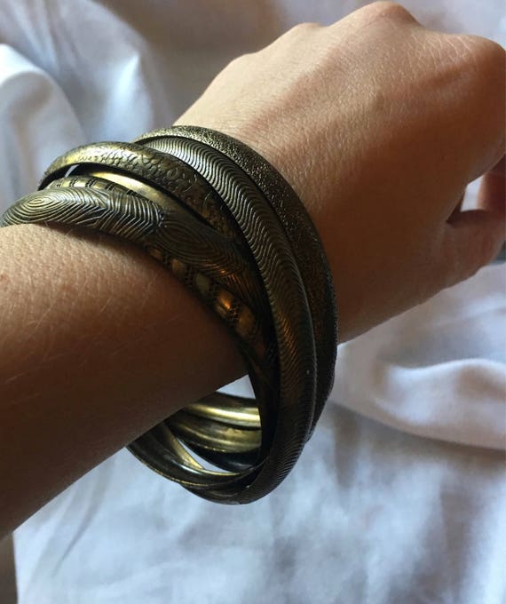 Brass Indian Bangles Six Interlocked Bracelets - image 6