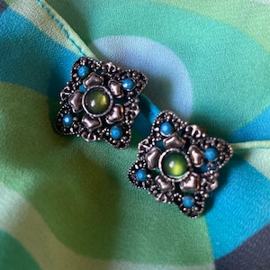 Vintage Boho Earrings Clip Ons with Blue & Green Cabochons