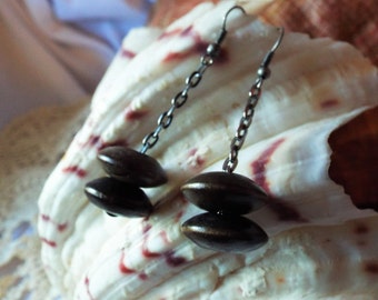 Dark Wood Earrings Double Wooden Disks Gunmetal Gray Chain