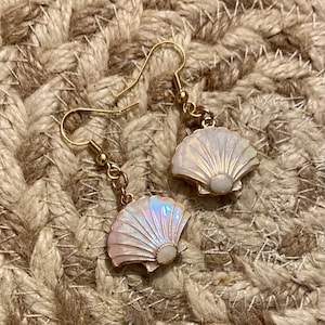 Iridescent Shell Earrings Enamel on Metal White and Gold