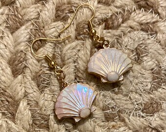 Iridescent Shell Earrings Enamel on Metal White and Gold
