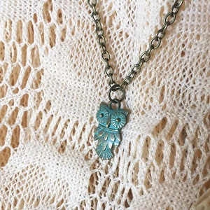 Stamped Owl Necklace Art Deco with Verdigris Finish