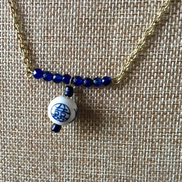 Asian Bead Necklace Blue and White Porcelain and Flourite on Chain by RICHARME