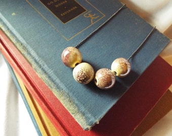 Plum & White Necklace Speckled Pottery Beads on Ball Chain