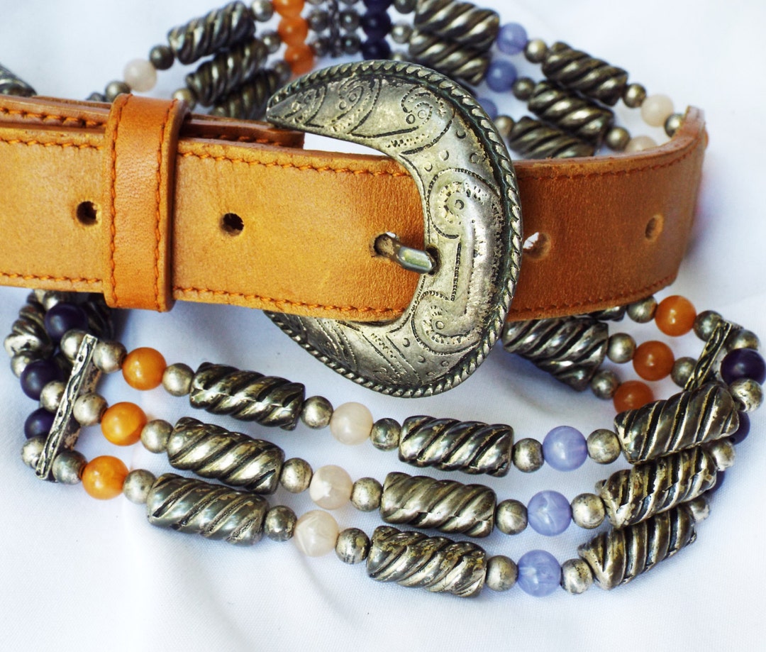 Korean Beaded Belt Vintage Boho Metal Buckle Leather - Etsy display picture 1