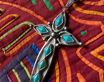 Vintage Cross Pendant Necklace St Labre Midcentury Turquoise and Silver