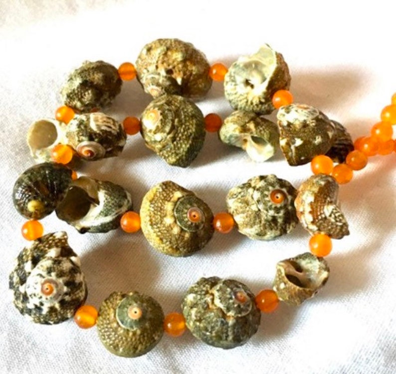 Beachy Natural Shell Necklace with Orange Jade Beads image 7